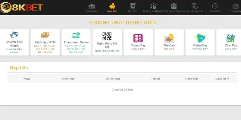 Tổng hợp các phương thức nạp tiền 8kbet hiện có  